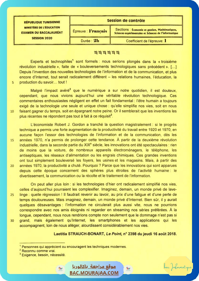 Sujet controle francais Bac 2020 – Section info